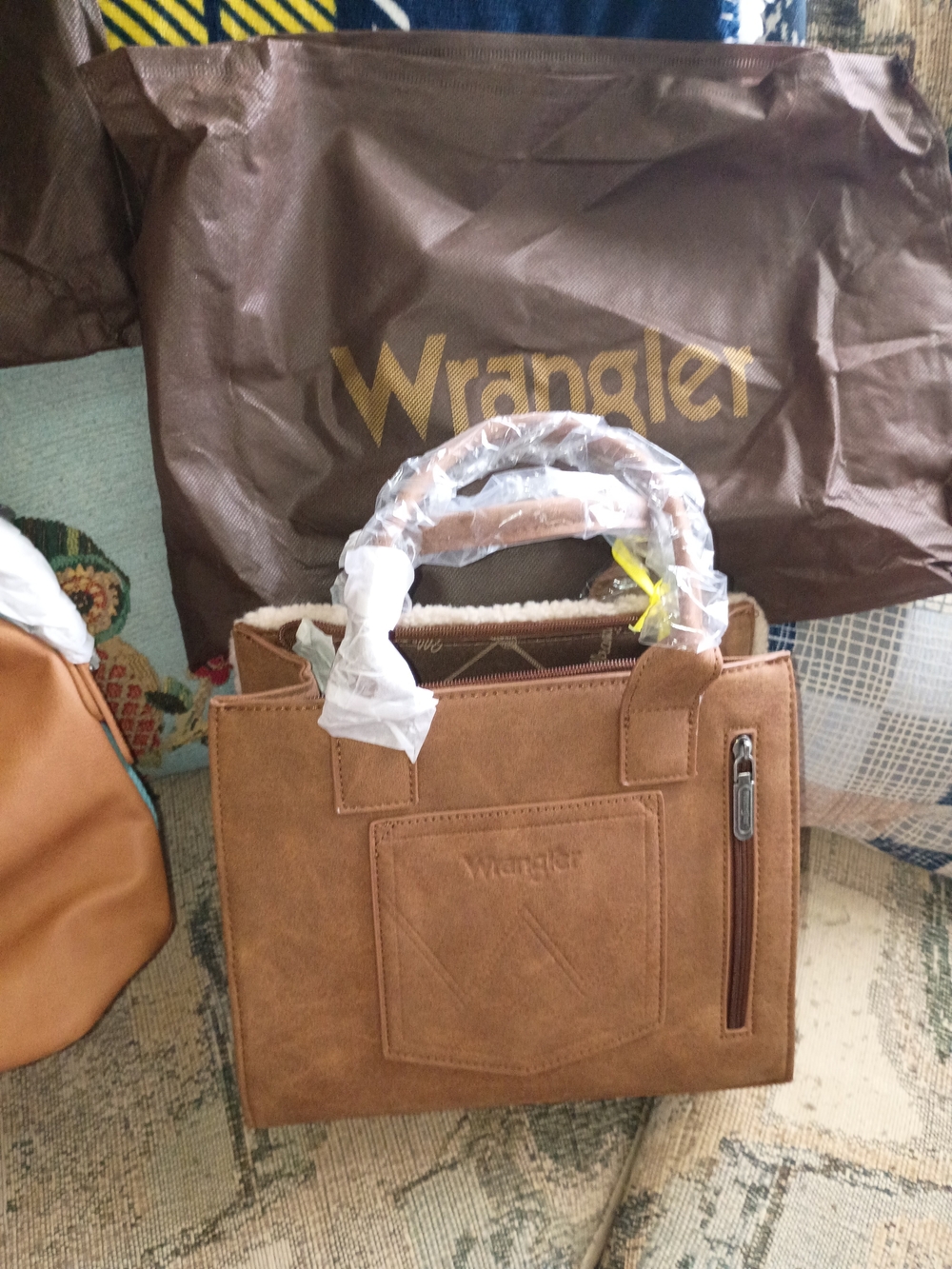 Wrangler Aztec Print Tote with Sherpa Trim - Red, Pink, Turquoise, Brown - Picture 2 of 6